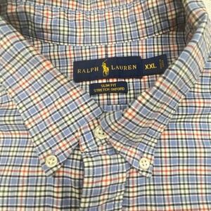 Ralph Lauren Slim Fit Oxford Shirt Mens 2XL Light Blue Plaid Button Down Stretch
